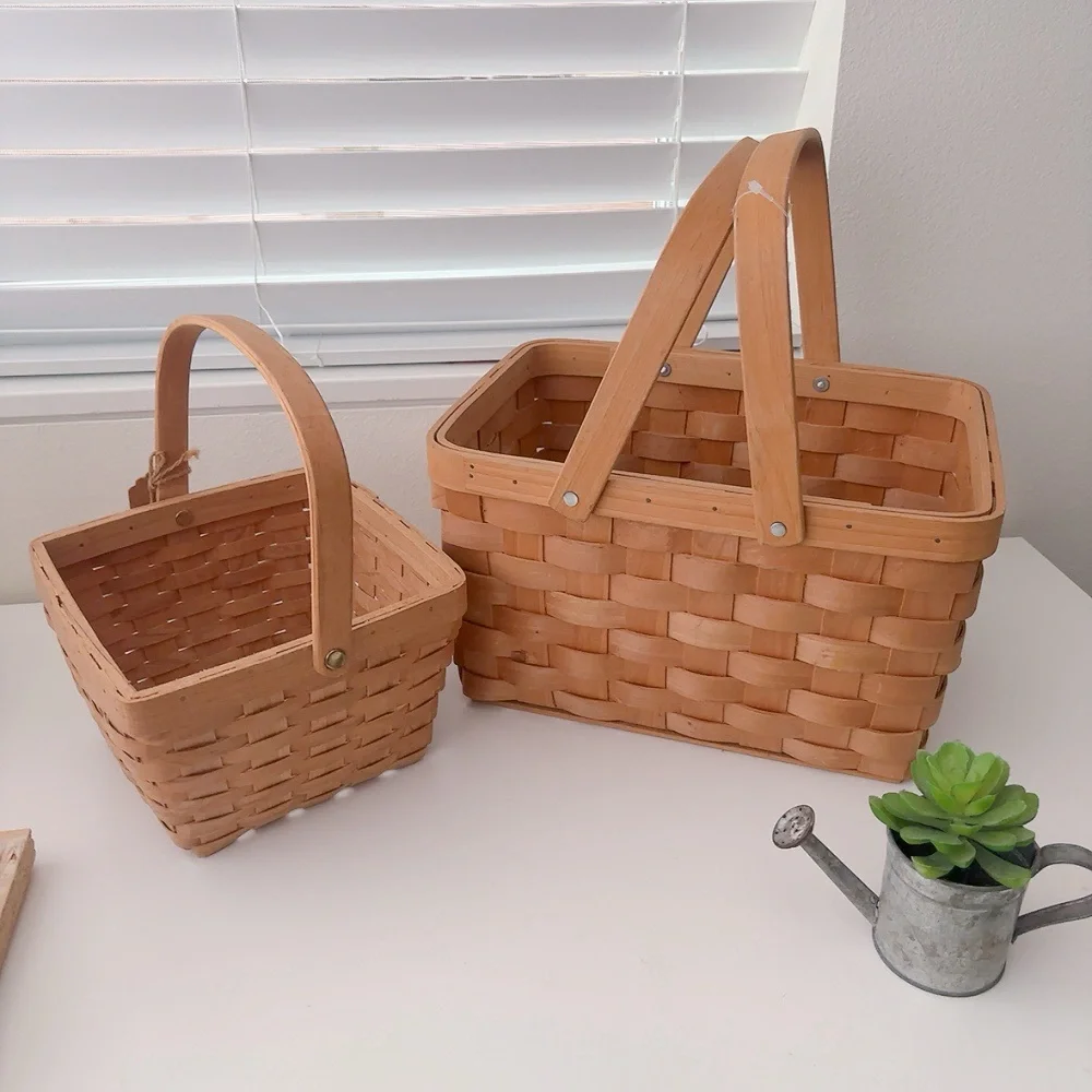 3pcs square woodchip picnic hand woven basket with double folding handle ,